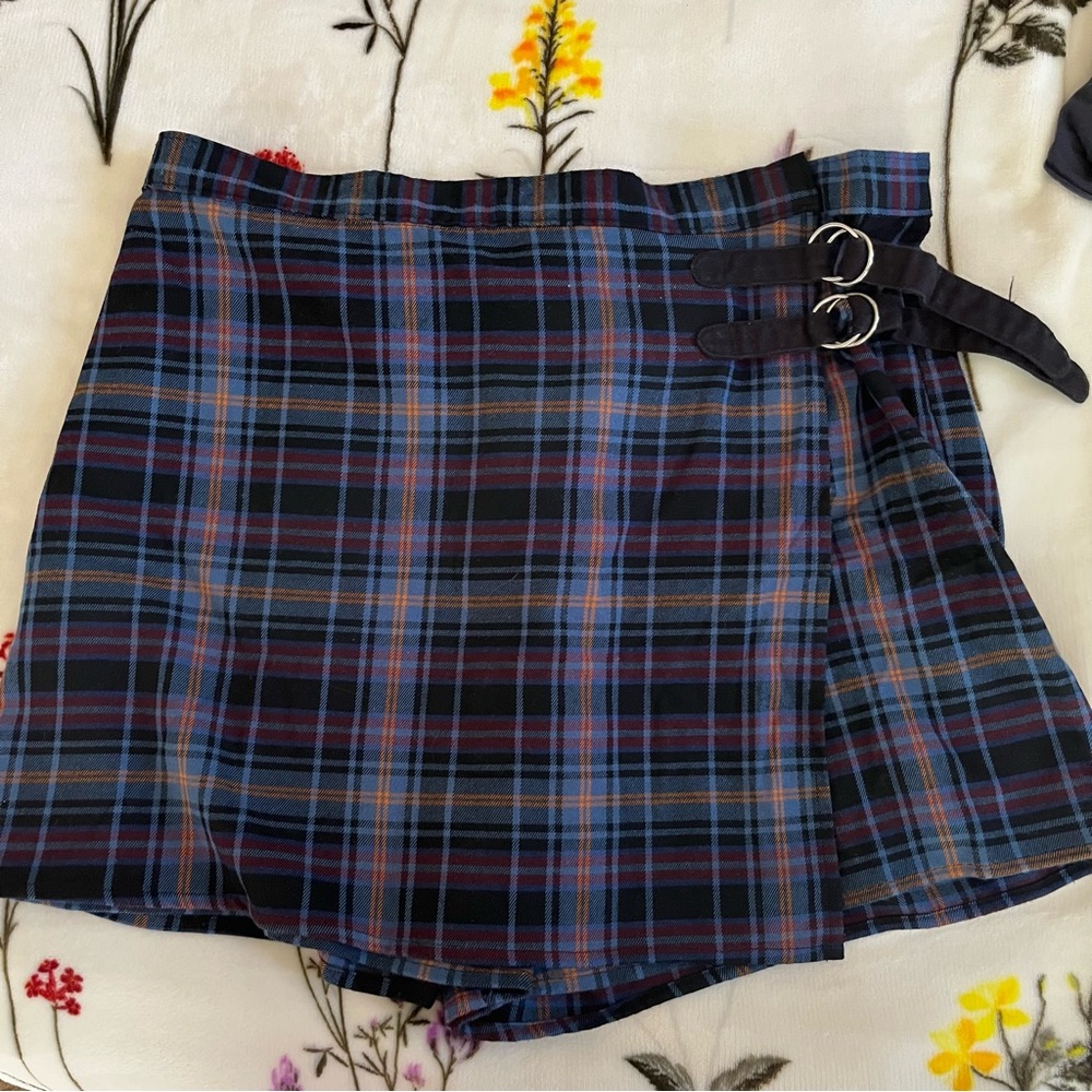Plaid Wrap Grunge Skort with Buckle Detail